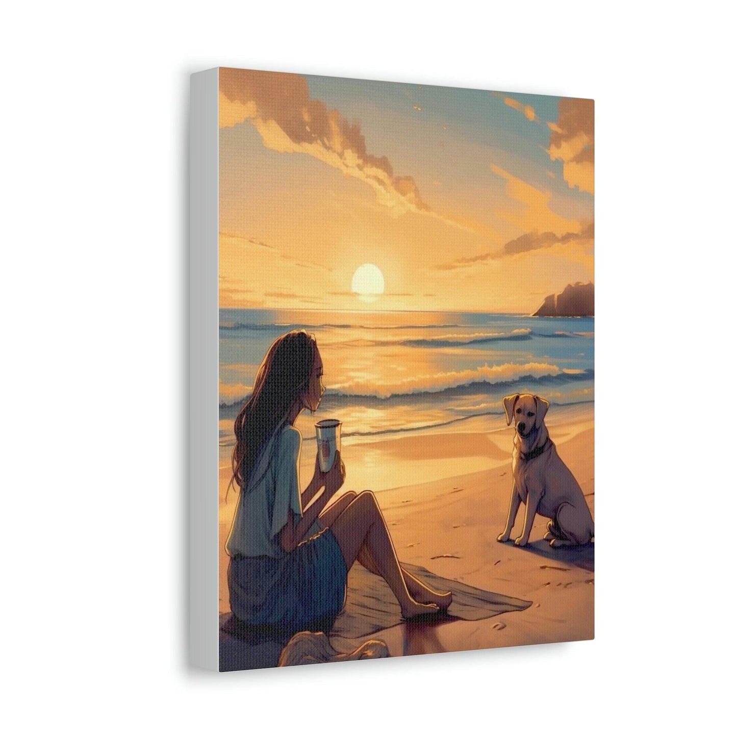 Sunset Girl On A Beach, Labrador & Girl On Sunset Beach, Premium, Satin Canvas, Stretched.