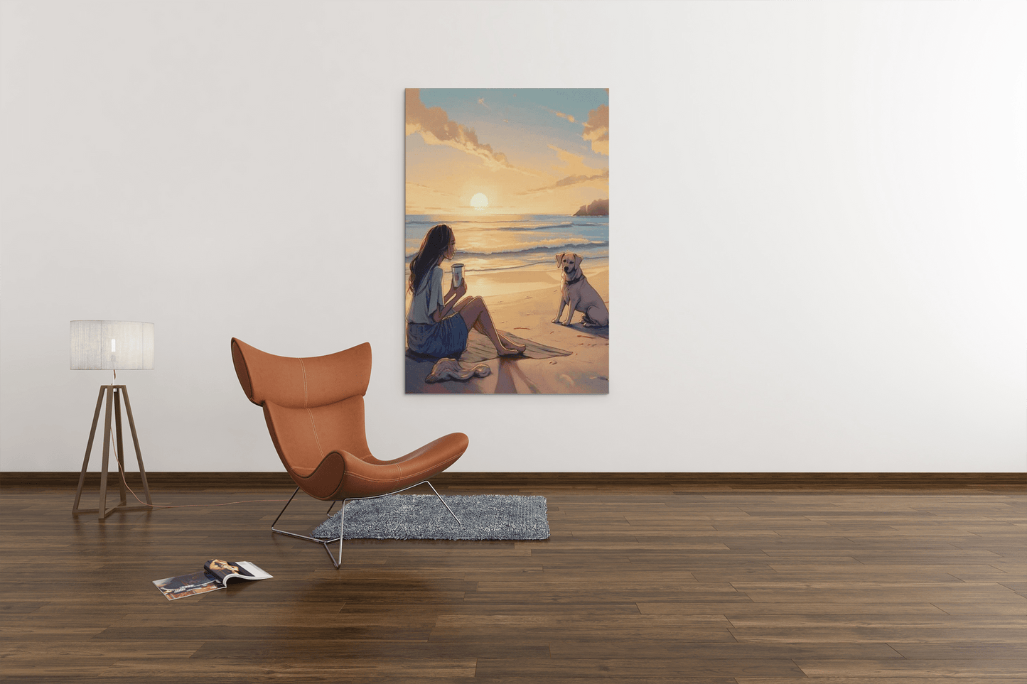 Sunset Girl On A Beach, Labrador & Girl On Sunset Beach, Premium, Satin Canvas, Stretched.