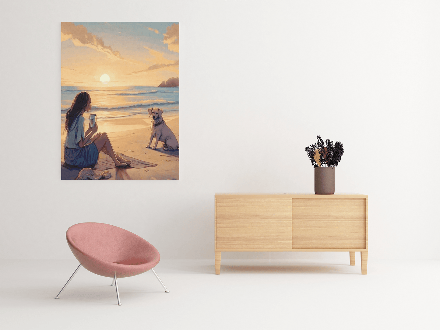 Sunset Girl On A Beach, Labrador & Girl On Sunset Beach, Premium, Satin Canvas, Stretched.