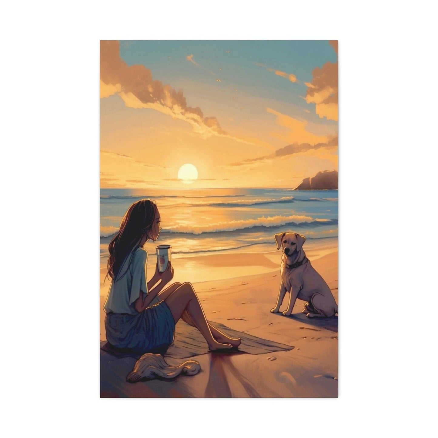 Sunset Girl On A Beach, Labrador & Girl On Sunset Beach, Premium, Satin Canvas, Stretched.