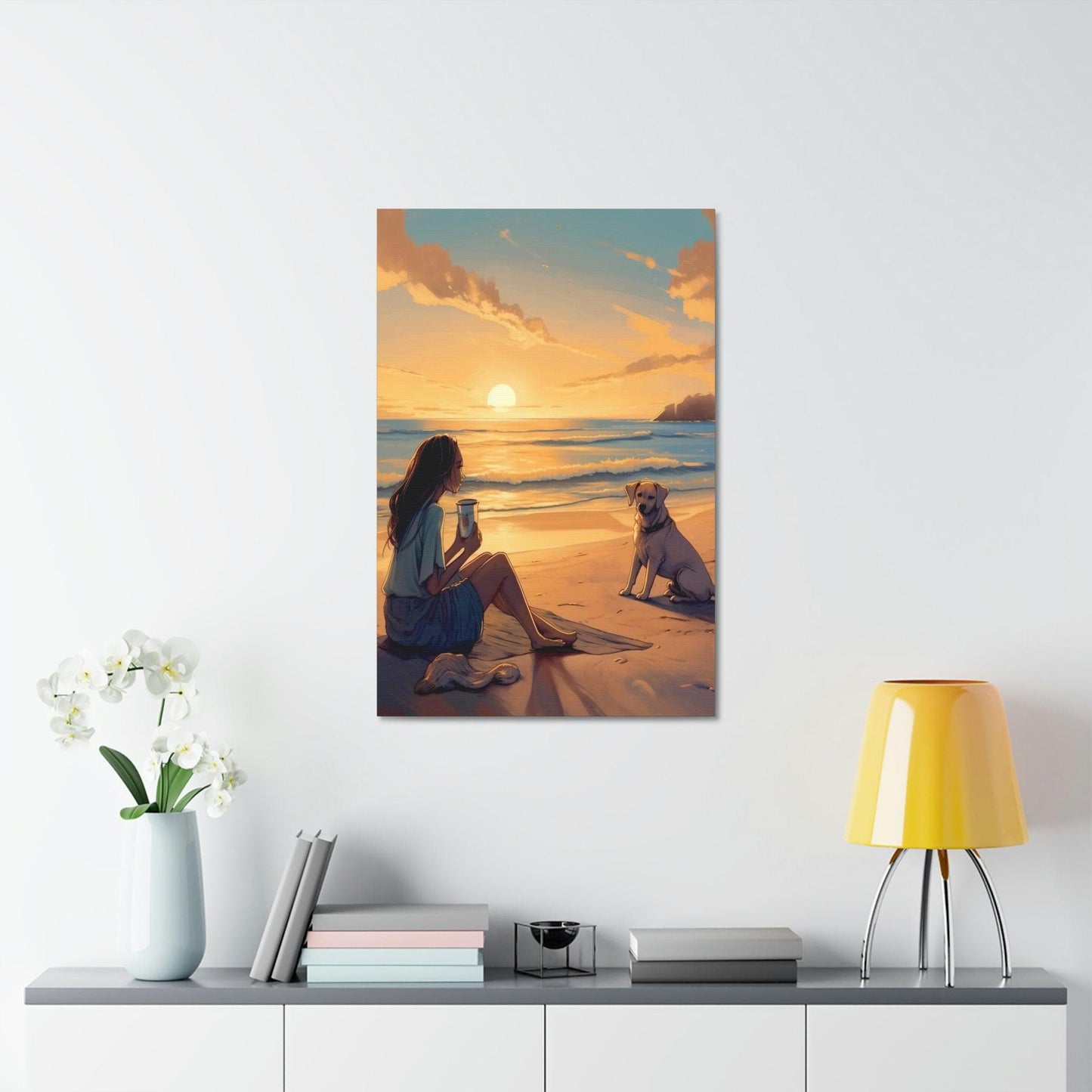 Sunset Girl On A Beach, Labrador & Girl On Sunset Beach, Premium, Satin Canvas, Stretched.